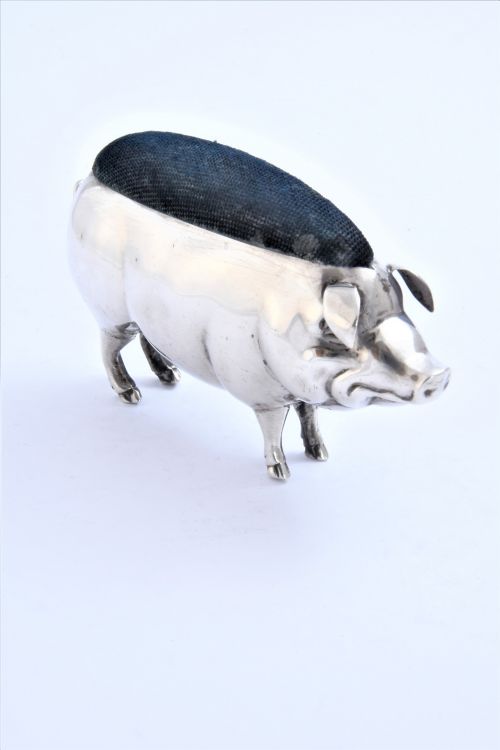 Edwardian Solid Silver Large Pig Pin Cushion 1906