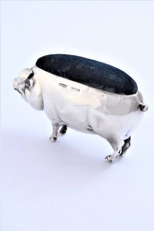 fig 1. Edwardian Solid Silver Large Pig Pin Cushion 1906