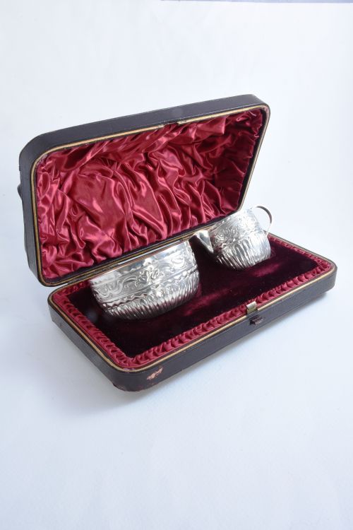 fig 1. Victorian Cased Antique Silver Cream Jug and Sugar Bowl 1889