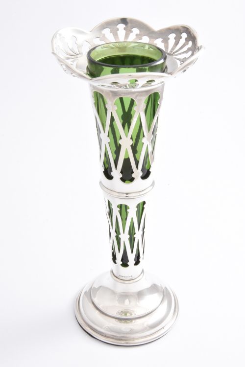 Antique Silver Lattice Vase with Green Glass Liner 1908
