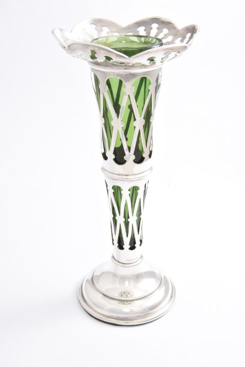 fig 1. Antique Silver Lattice Vase with Green Glass Liner 1908