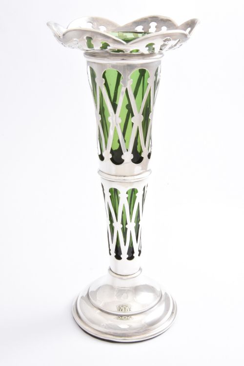 fig 2. Antique Silver Lattice Vase with Green Glass Liner 1908