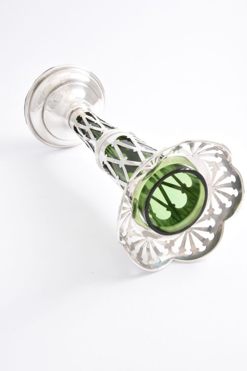 fig 3. Antique Silver Lattice Vase with Green Glass Liner 1908