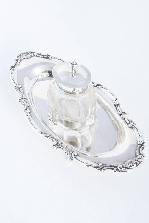 Antique Silver Inkwell and Tray - Chester 1905