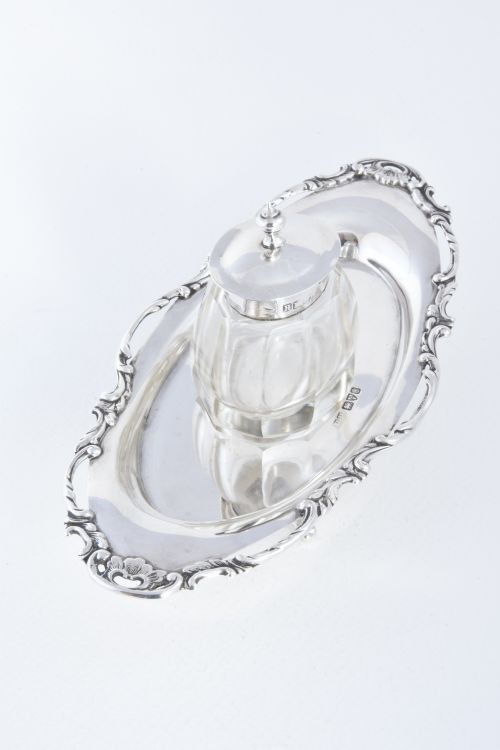 fig 2. Antique Silver Inkwell and Tray - Chester 1905