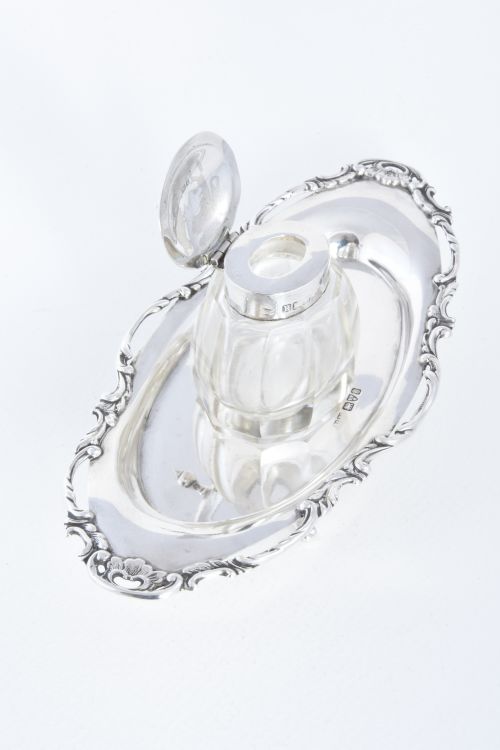 fig 3. Antique Silver Inkwell and Tray - Chester 1905