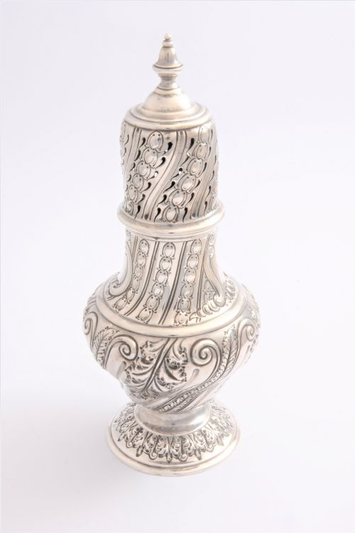 Large Embossed Victorian Antique Silver Sugar Shaker 1888