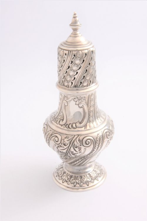 fig 1. Large Embossed Victorian Antique Silver Sugar Shaker 1888