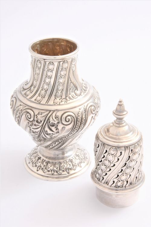 fig 4. Large Embossed Victorian Antique Silver Sugar Shaker 1888