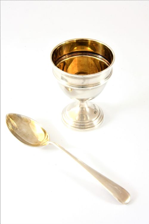 fig 1. Antique Silver Egg Cup & Spoon (Boxed) 1914