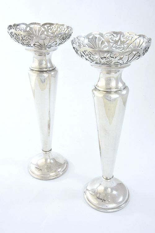 Pair of Tall Antique Silver Trumpet Vases 1913