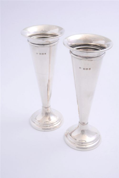 Pair of Edwardian Antique Silver Trumpet Vases 1906