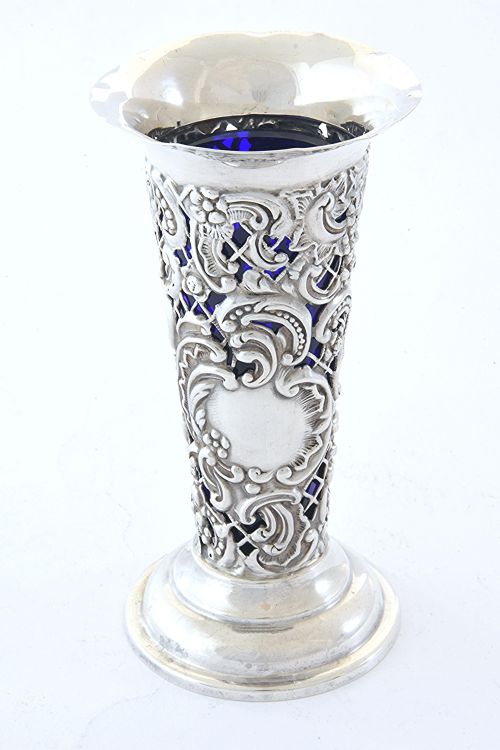 Antique Pierced Silver Posy Vase with Blue Glass Liner 1904
