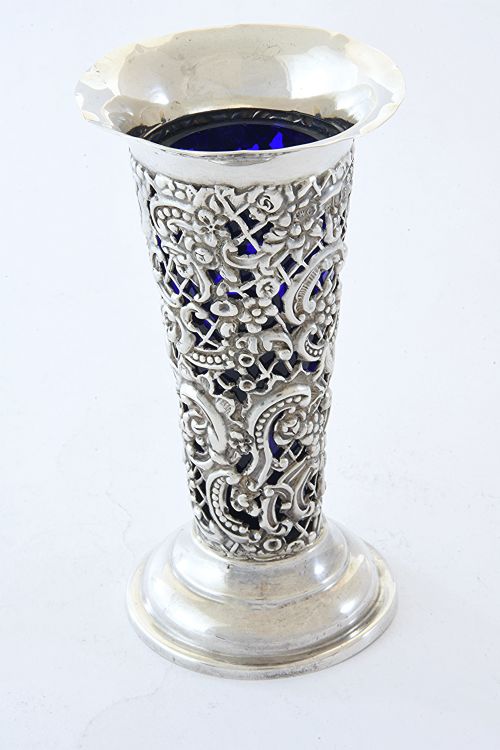 fig 1. Antique Pierced Silver Posy Vase with Blue Glass Liner 1904