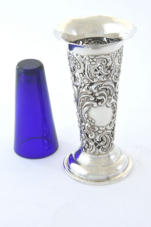 fig 2. Antique Pierced Silver Posy Vase with Blue Glass Liner 1904