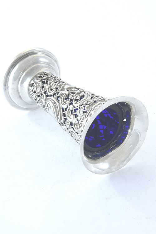fig 3. Antique Pierced Silver Posy Vase with Blue Glass Liner 1904