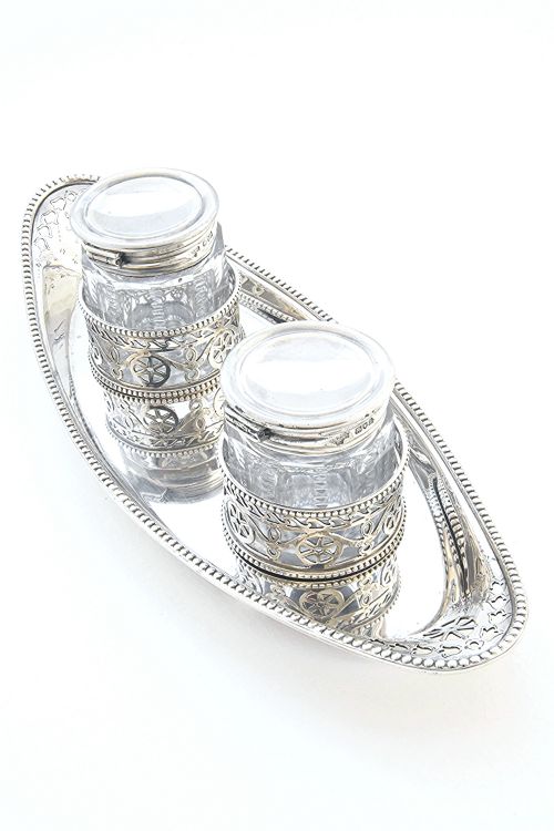 Edwardian Double Silver Inkwell and Stand 1905