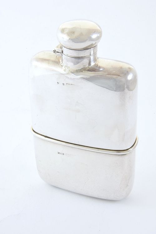 Edwardian Antique Silver Hip Flask with Cup 1904