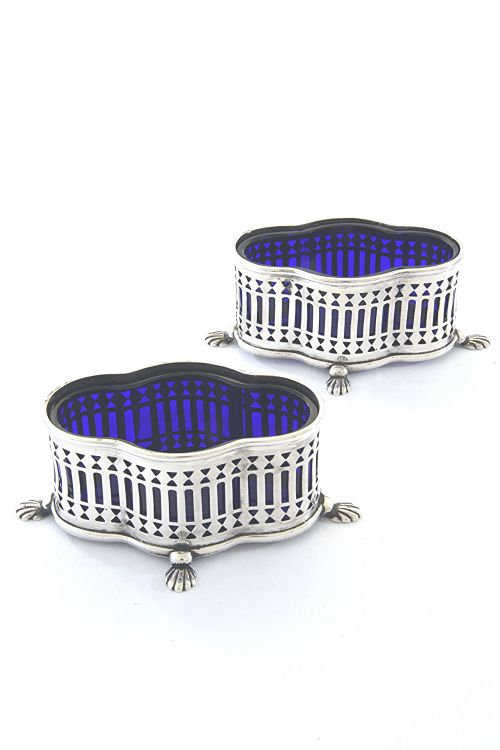 Pair of Edwardian Pierced Silver and Blue Glass Salts 1902