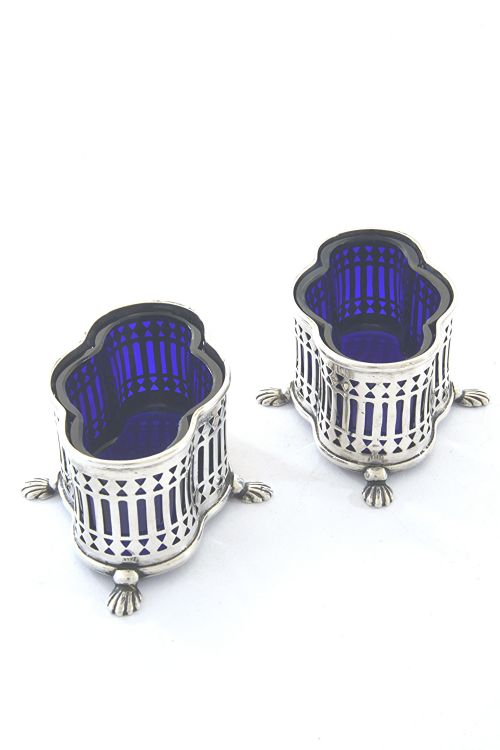 fig 1. Pair of Edwardian Pierced Silver and Blue Glass Salts 1902