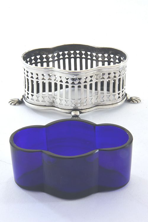 fig 3. Pair of Edwardian Pierced Silver and Blue Glass Salts 1902
