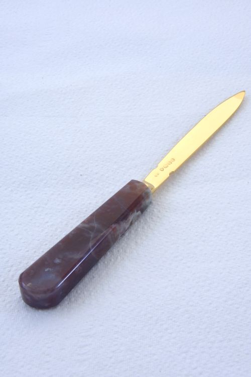 fig 1. Solid Silver Gold Plated Letter Opener with Agate Handle 1873