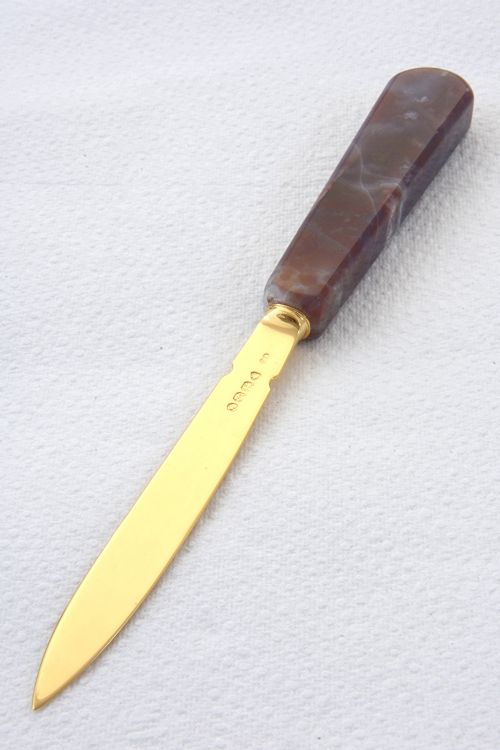 fig 3. Solid Silver Gold Plated Letter Opener with Agate Handle 1873