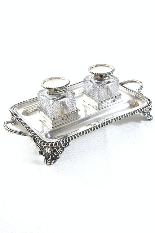 Victorian Silver Inkwells & Stand 1894