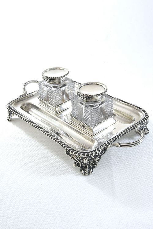 fig 1. Victorian Silver Inkwells & Stand 1894