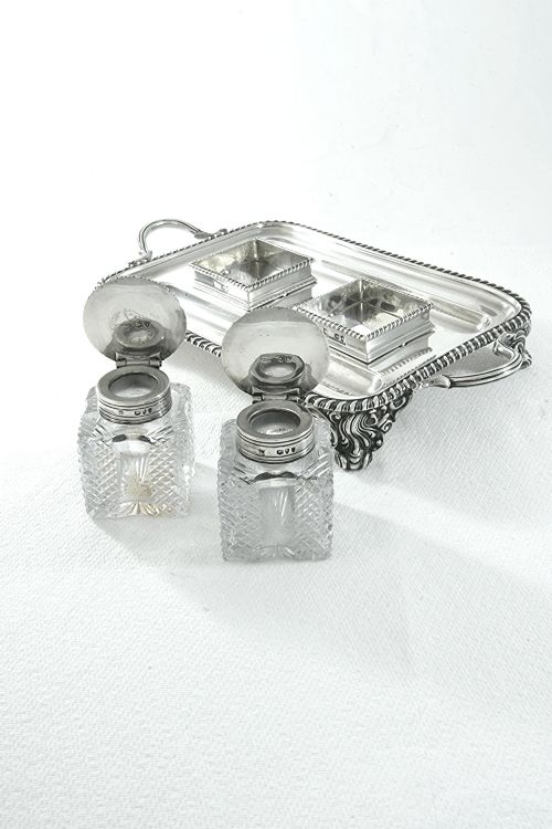 fig 2. Victorian Silver Inkwells & Stand 1894