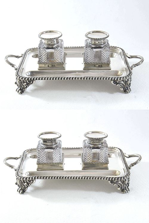 fig 4. Victorian Silver Inkwells & Stand 1894