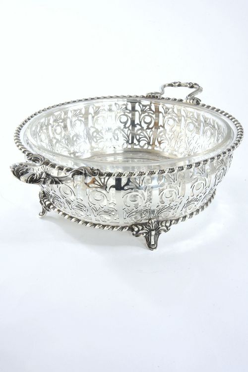 Large Pierced Silver Dish with Glass Liner 1926