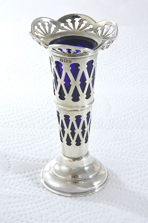 Edwardian Silver Posy Vase with Blue Glass Insert 1905