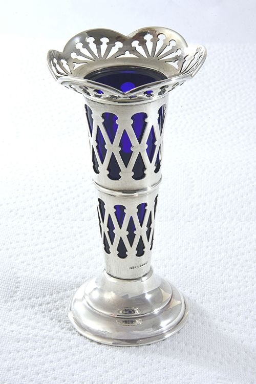 fig 1. Edwardian Silver Posy Vase with Blue Glass Insert 1905