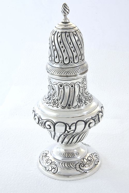 fig 1. Large Edwardian Embossed Silver Sugar Shaker 1908