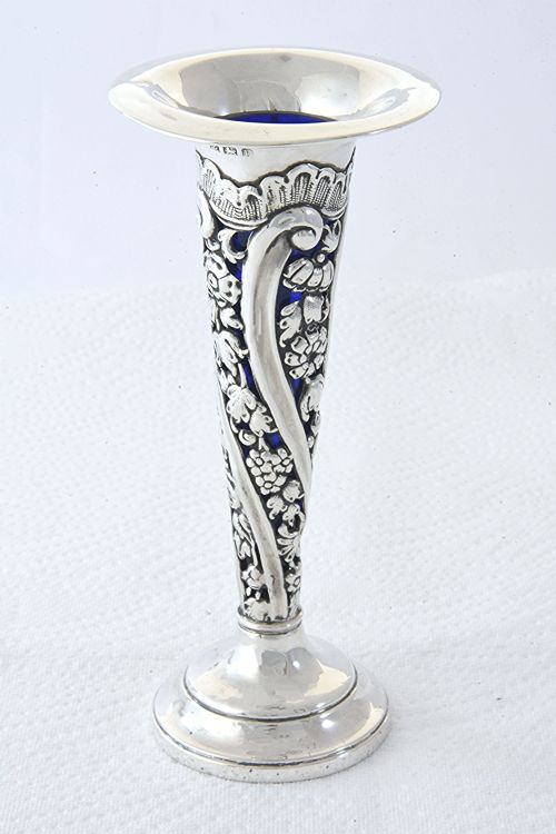 Edwardian Silver Posy Vase with Blue Glass Insert 1909