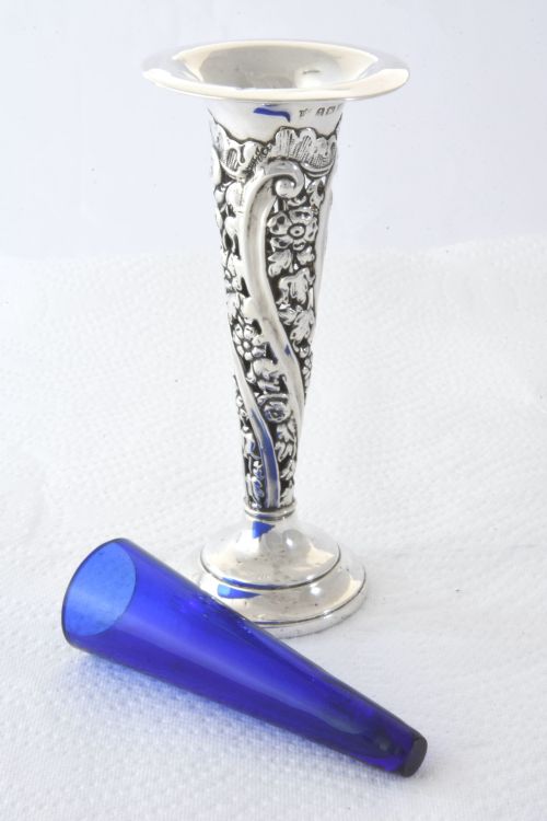 fig 1. Edwardian Silver Posy Vase with Blue Glass Insert 1909