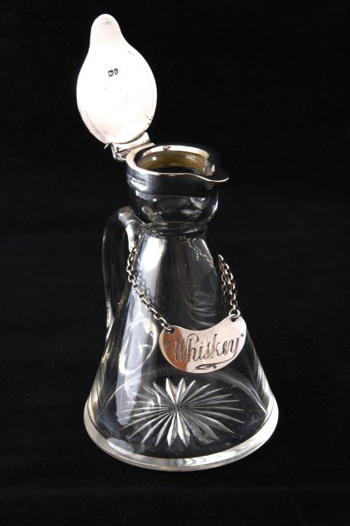 Edwardian Silver Mounted Whisky Noggin & Label 1908