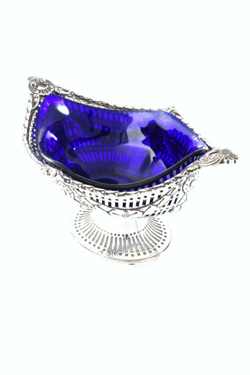 fig 1. Victorian Silver Sugar Basket (with Blue Glass Liner) 1893