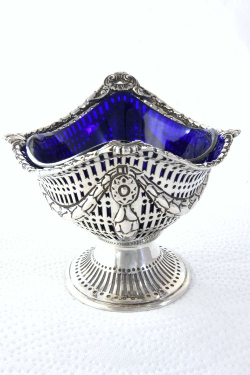 fig 3. Victorian Silver Sugar Basket (with Blue Glass Liner) 1893