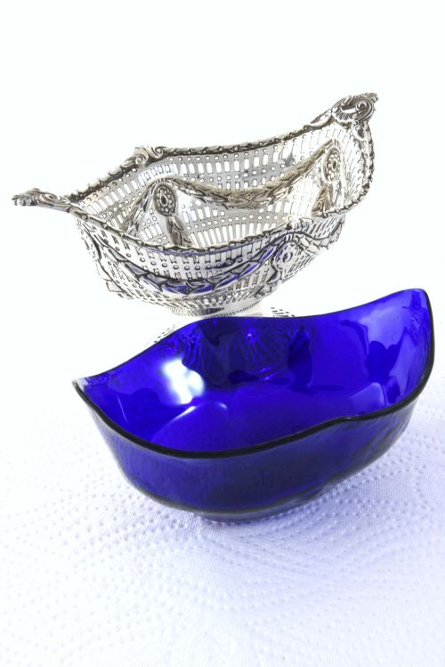 fig 4. Victorian Silver Sugar Basket (with Blue Glass Liner) 1893