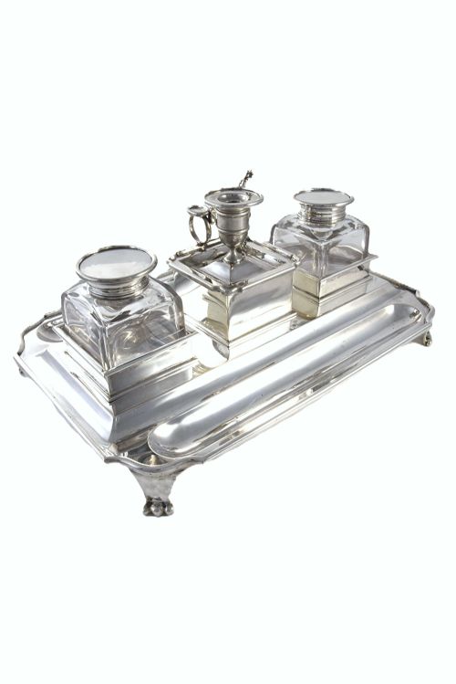 LARGE VICTORIAN SILVER DOUBLE INKSTAND WITH CHAMBERSTICK 1900 - ADDITIONAL PHOTO 1