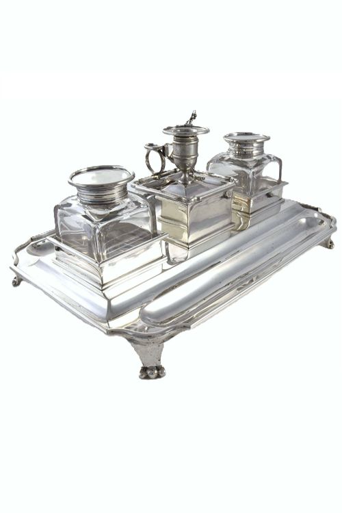 LARGE VICTORIAN SILVER DOUBLE INKSTAND WITH CHAMBERSTICK 1900 - ADDITIONAL PHOTO 2