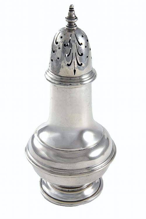 fig 1. A George V sterling silver sugar caster featuring a pierced dome lid with finial, baluster body, stepped base, and visible hallmarks.
