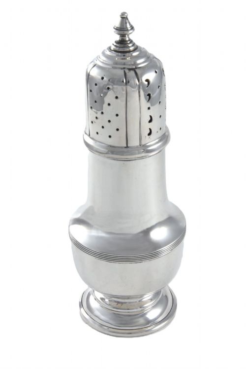 fig 1. A solid sterling silver sugar caster featuring a baluster-shaped body, pierced dome lid with finial, and British hallmarks on the side.