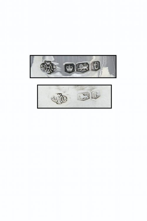 fig 3. A solid sterling silver sugar caster featuring a baluster-shaped body, pierced dome lid with finial, and British hallmarks on the side.