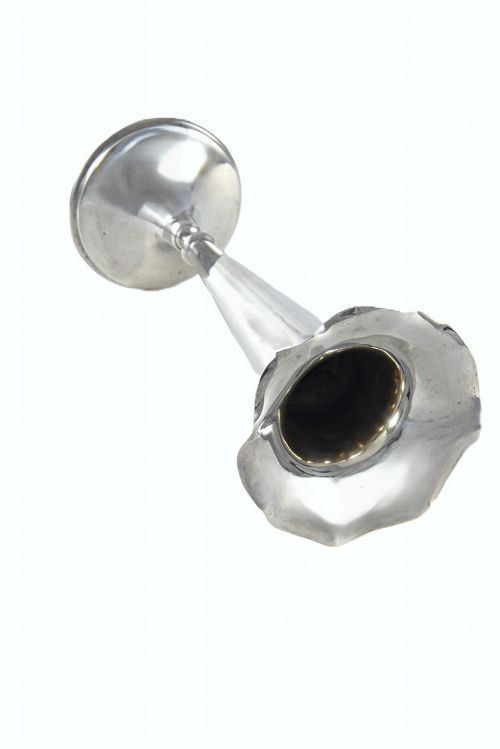 fig 1. A late Victorian sterling silver trumpet posy vase featuring a fluted, wavy rim and a round pedestal base.