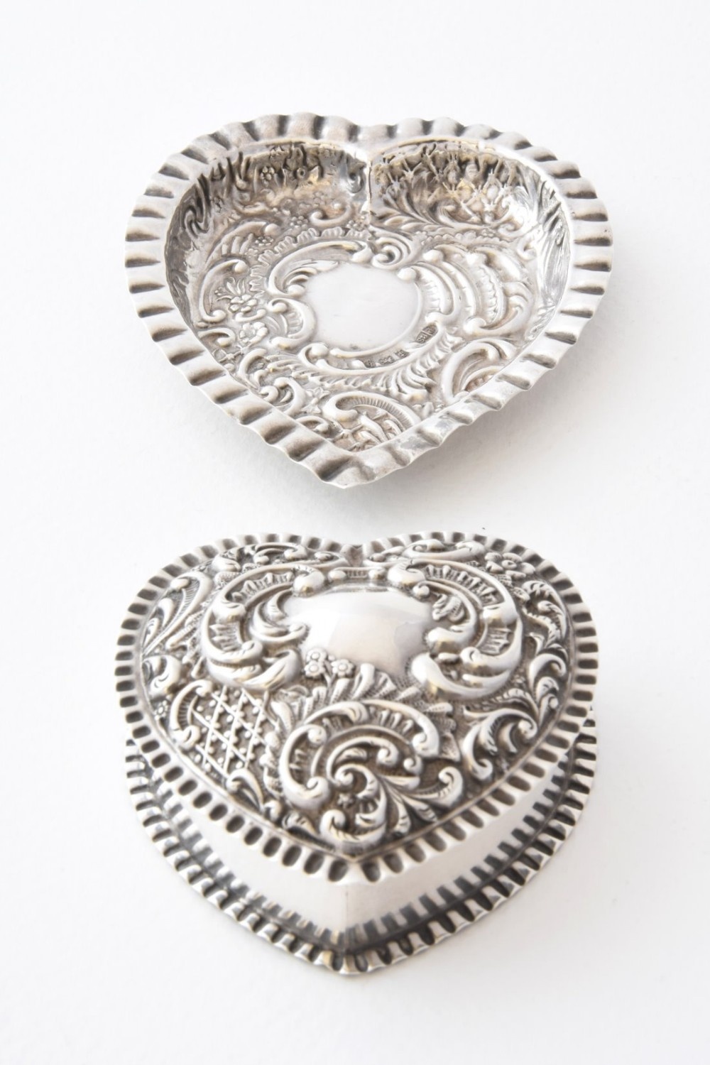 Solid Silver Heart Shaped Trinket Box and Tray 1900