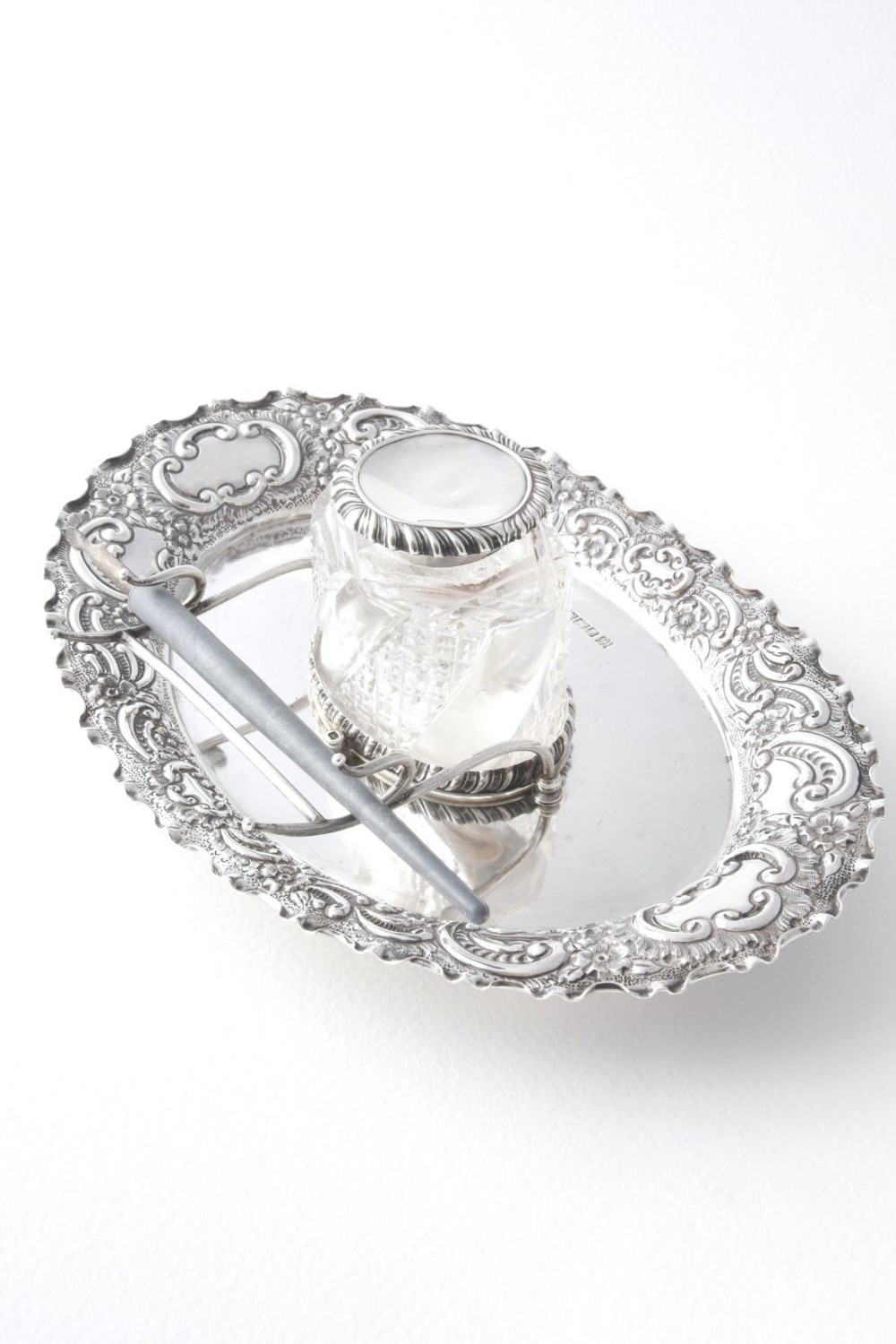 Edwardian Silver Mounted Inkwell with Tray and Pen Stand 1902