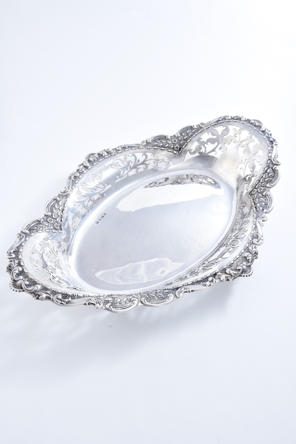 Large Edwardian Solid Silver Oval Pierced Basket 1905